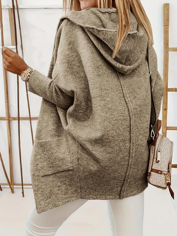 Women's Solid Color Batwing Sleeve Pocket Hooded Cardigan, Casual Long Sleeve Open Front Knitwear for Fall & Winter, Women's Knit Clothing for Daily Wear