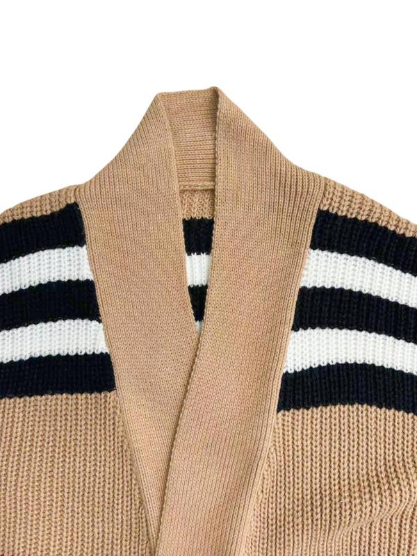  Striped Print Drop Shoulder Long Cardigan, Casual Long Sleeve Open Front Knitwear for Fall & Winter, Gift Set, Women's Plus Clothing for Daily Wear, Fall Outfits, Fallfreshness, Fall Women's Clothing, Fall Sweaters