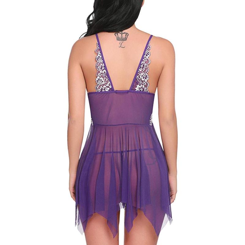 Women Lace Lingerie Front Closure doll V Neck Nightwear Sexy Chemise Nightie