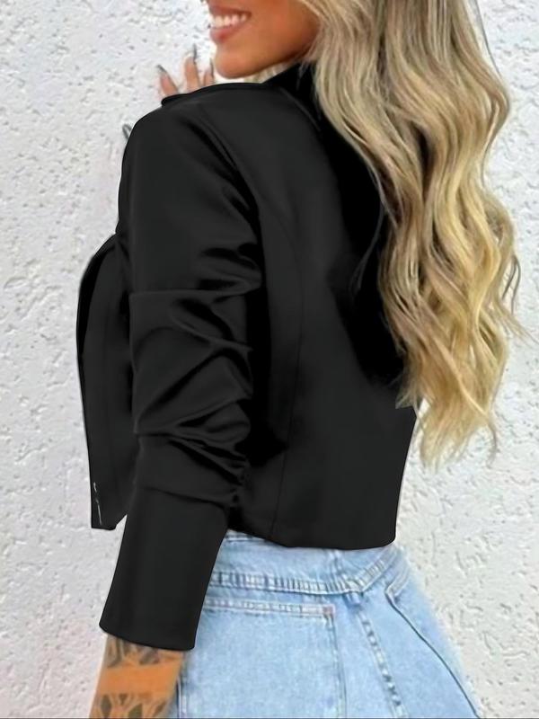 Women's Solid Zip Up Crop Jacket, Casual Long Sleeve Lapel Neck Outerwear for Daily Wear, Ladies Clothes for All Seasons