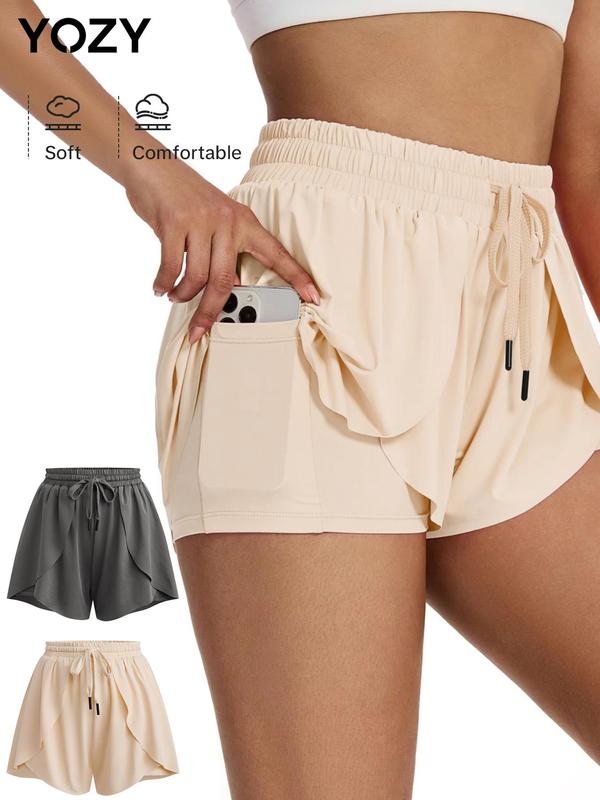 YOZY 2 Counts Side Pocket Shorts, Drawstring Waist Fashion Casual Sporty Wrap Shorts, 2024 Ladies Sportswear for Indoor Outdoor Wear