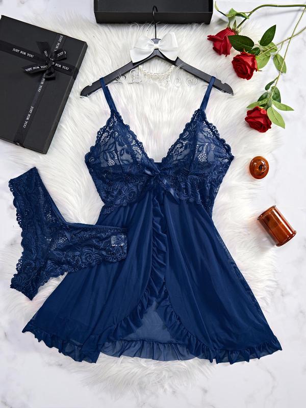Women's Bow Decor Wrap Sheer Lace Ruffle Trim Cami Nightdress & Thong Sexy Lingerie Set, Adjustable Spaghetti Strap Cut Out Contrast Mesh Nighty Dress & Thong Set, Fall Clothes, Ladies Sleepwear Set for All Seasons