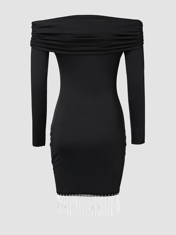 Women's Plain Off Shoulder Fringe Trim Bodycon Dress, Elegant Asymmetrical Ruched Long Sleeve Short Dress for Party Club Dating Wear, Women's Dress for Fall & Winter