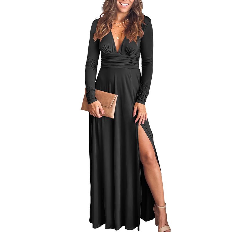 ANRABESS Women's Deep V Neck Sleeve Long Dresses Pleated High Waist Slit Club Party Evening Maxi Dress