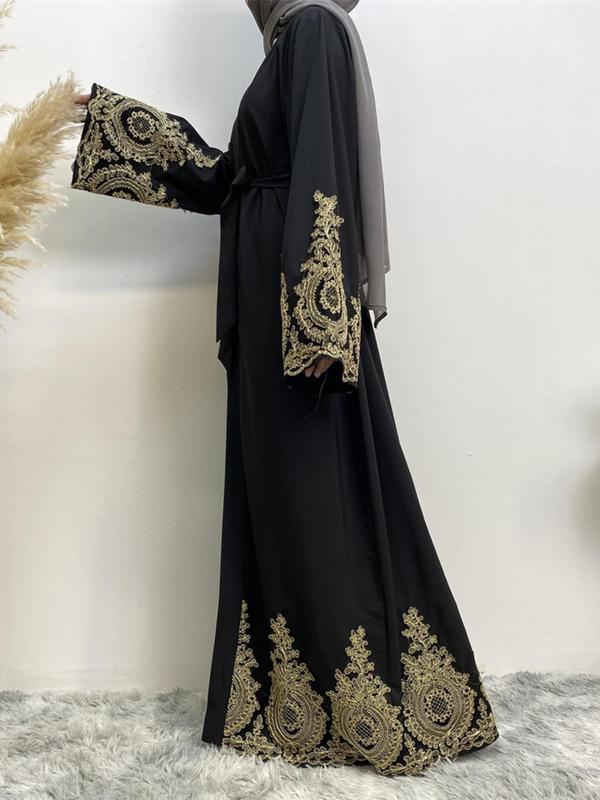 Women's Contrast Lace Belted Lounge Dresses, Elegant Long Sleeve Open Front Robe, Ladies Sleepwear for Fall & Winter