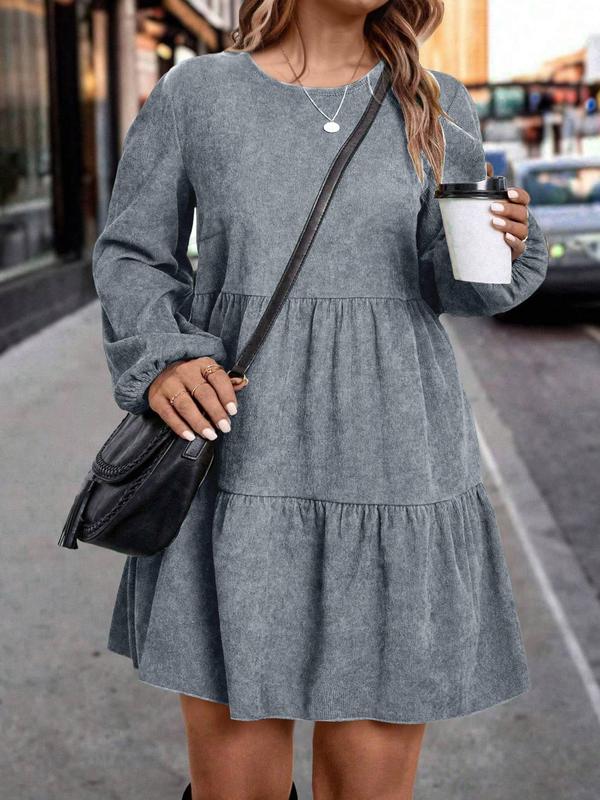  Plain Ruffle Hem Keyhole Back Smock Dress, Casual Bishop Sleeve Round Neck Short Dress for Spring & Fall, Women's Clothes for Daily Wear, Holiday Dresses
