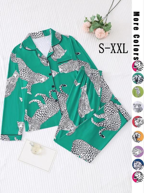 2 Counts Women's Cheetah Print Button Front Blouse & Elastic Waist Pants Pyjama Set, Pj Sets for Women, Homewear Sets for Women Nightwear Set, Pajama Sets Women, Pj Sets for Women, Lounge Sets, Lady Sleepwear & Loungewear, Girl Nightwear