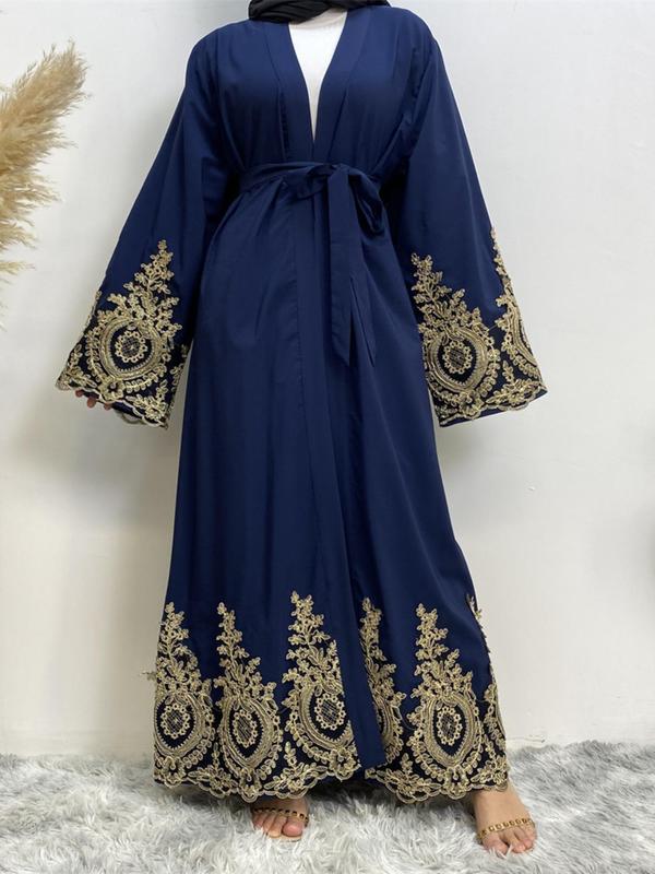 Women's Contrast Lace Belted Lounge Dresses, Elegant Long Sleeve Open Front Robe, Ladies Sleepwear for Fall & Winter