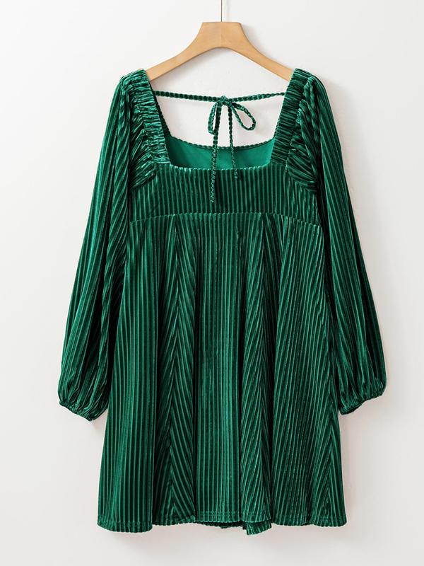  Velvet Tie Back Backless Dress, Elegant Bishop Sleeve Square Neck Dress for Fall & Winter, Women's Clothes for Daily Vacation Party