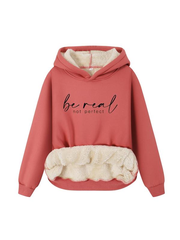 Women's Letter Print Drop Shoulder Thermal Lined Hoodie, Essential Hoodies, Fashion Casual Long Sleeve Hooded Sweatshirt for Daily Outdoor Wear, Women Fall & Winter Clothes, Downtown Girl Clothes Essentials Hoodie