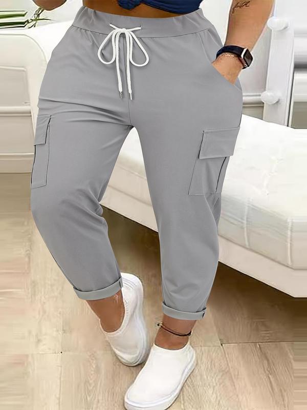  Solid Drawstring Waist Cargo Pants, Casual Pocket Jogger Pants for Daily Wear, Women's Trousers for All Seasons