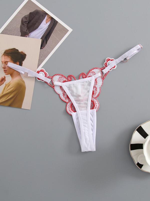 Women's 3pcs Butterfly Decor Contrast Mesh Sheer Sexy Thong, Adjustable Strap Ring Linked Sexy Knicker, Comfy Breathable Knicker for Daily Wear