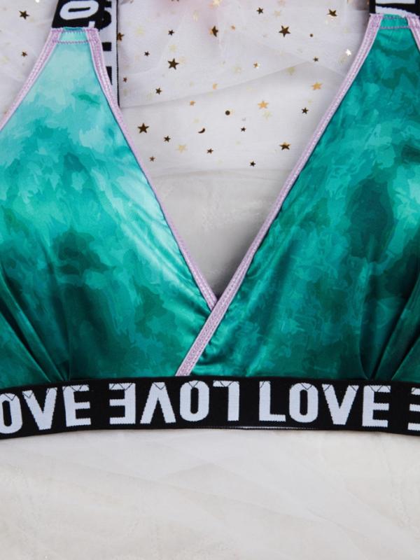 Women's Plus Size Two-Piece Set Tie Dye Print Contrast Letter Tape V Neck Push Up Bra & Panty Set, Comfort Cozy Casual Two-piece Lingerie Set for All Seasons, Women's Comfortable Soft Casual Two-piece Suit, Ladies Plus Size Underwear