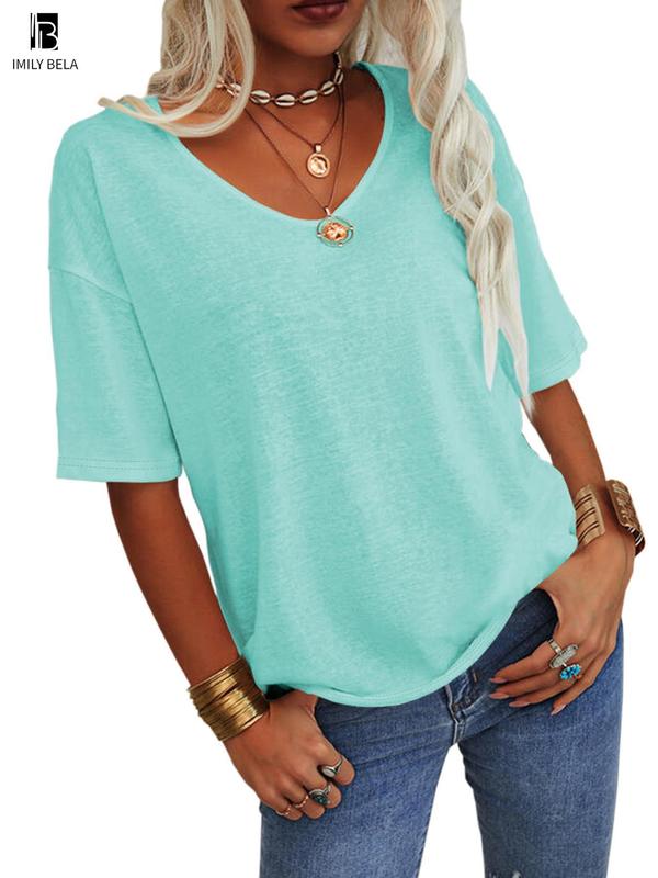 Women's V Neck Drop Shoulder Back To School Tee, T Shirts for Women, Casual Solid Color Half Sleeve T-shirt, Summer Clothes Women, T Shirts for Women