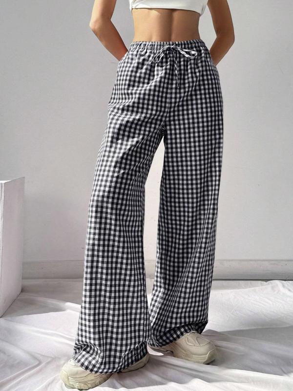 Women's Plaid Print Tie Front Wide Leg Pants, Casual Comfy Elastic Waist Pocket Trousers for Daily Wear, Ladies Bottoms for All Seasons,  Comfy Pants