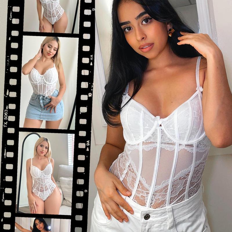 Avidlove Bodysuit for Women Lace Top Lingerie One Piece V Neck Mesh Tops Womenswear Sleeveless Push Up Body Suit S-XXL