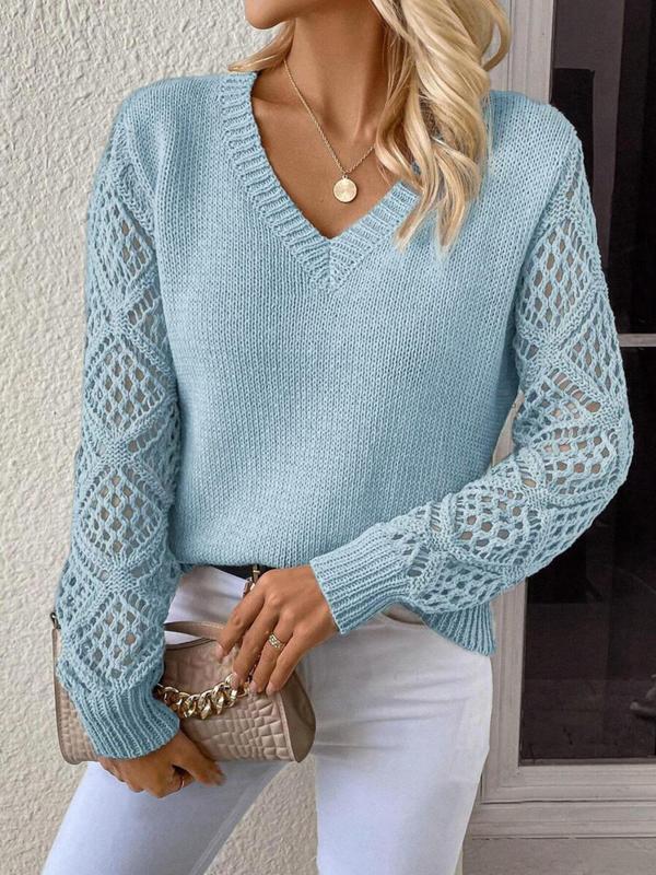Women's Plain Hollow Out V Neck Sweater, Casual Long Sleeve Jumper for Spring & Fall, Fashion Women's Knitwear for Daily Wear