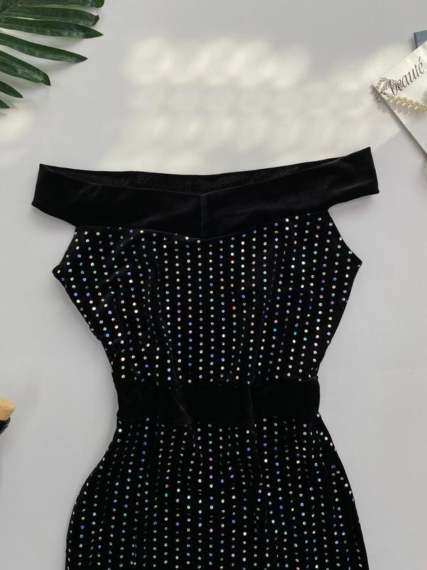 Women's Rhinestone Decor Off Shoulder Ruffle Bodycon Dress, Elegant Cap Sleeve Midi Dress for Evening Party Gown, Ladies' Clothes for Spring & Fall