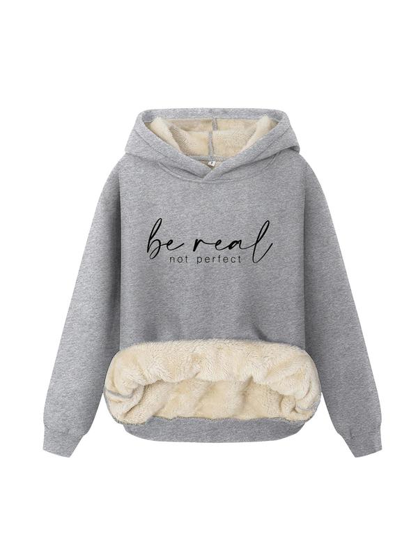 Women's Letter Print Drop Shoulder Thermal Lined Hoodie, Essential Hoodies, Fashion Casual Long Sleeve Hooded Sweatshirt for Daily Outdoor Wear, Women Fall & Winter Clothes, Downtown Girl Clothes Essentials Hoodie