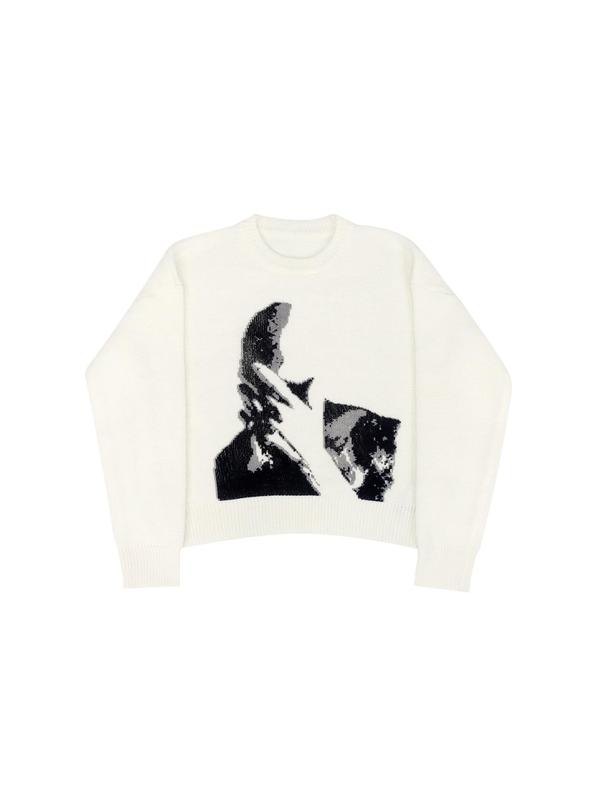 Women's Figure Print Round Neck Sweater, Casual Long Sleeve Jumper, Back-to-school Clothing, Ladies Fall Knitwear for Daily Wear, Preppy 80s Clothes