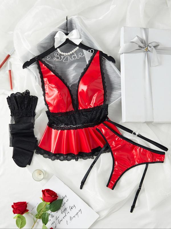Women's Contrast Lace Sheer Sexy Lingerie Set, Patchwork Colorblock Top & Belt & Thong & Stockings Set, Women's Lingerie & Underwear for All Seasons
