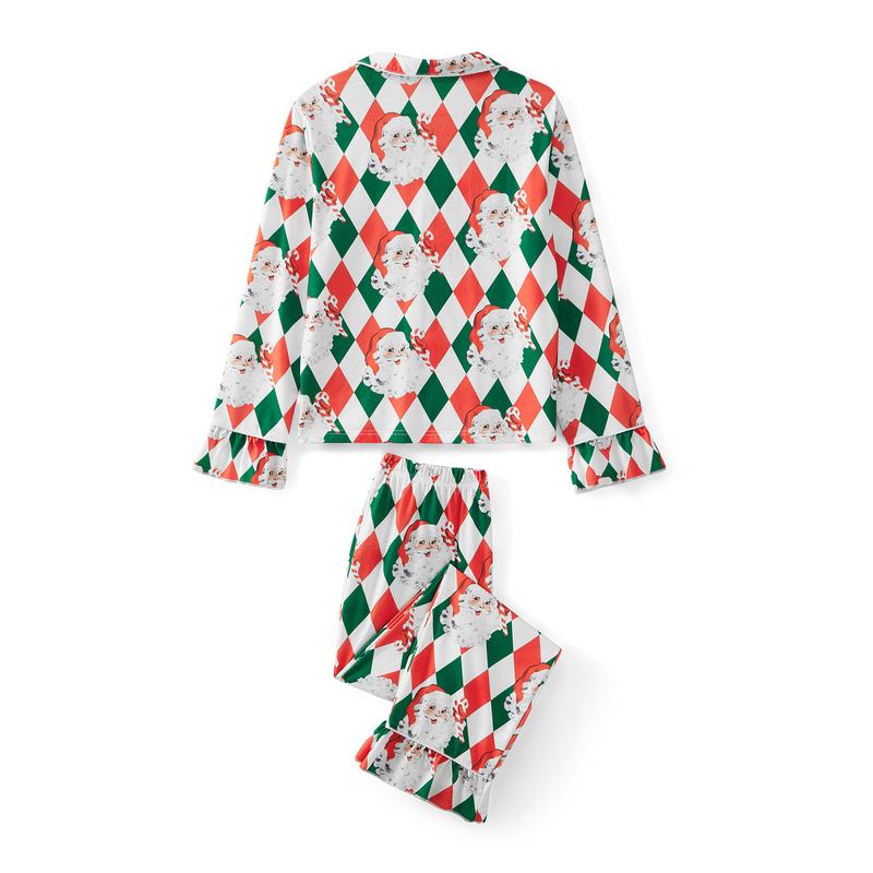 New Family Matching Christmas Pajama Set, Diamond Grid Santa Long Sleeve Tops Elastic Waist Pants