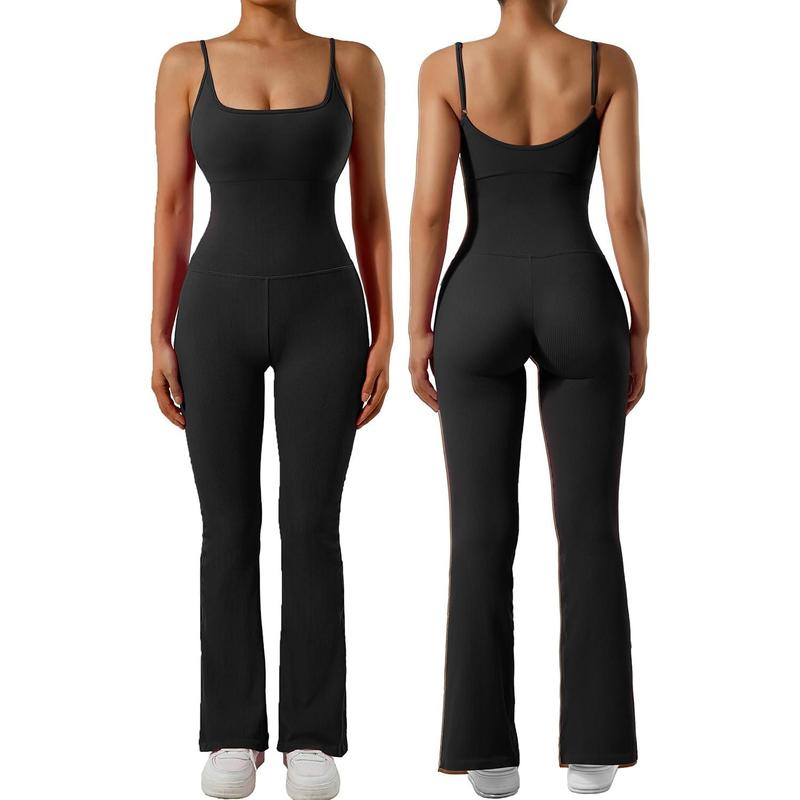 Women Ribbed Flare One Piece Jumpsuits Seamless Padded Sexy Jumpsuit