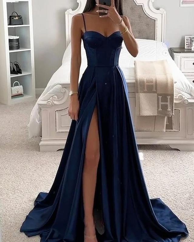 Women's Satin Prom Dress with Slit and Spaghetti Straps - A-Line Formal Evening Gown - Womenswear, Underwear, Christmas