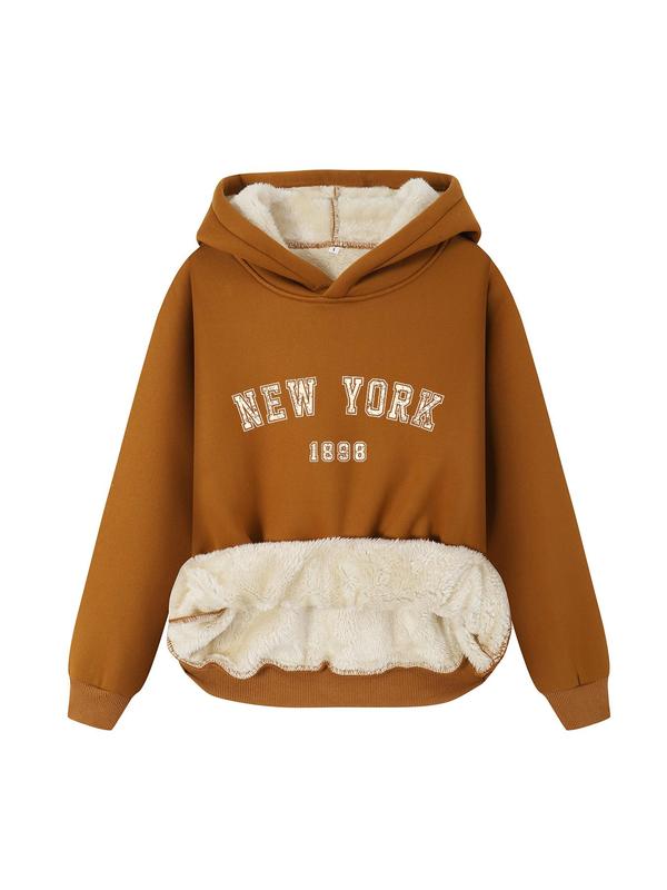 Women's Letter Print Drop Shoulder Thermal Lined Hoodie, Essential Hoodies, Fashion Casual Long Sleeve Hooded Sweatshirt for Daily Outdoor Wear, Women Fall & Winter Clothes, Downtown Girl Clothes Essentials Hoodie