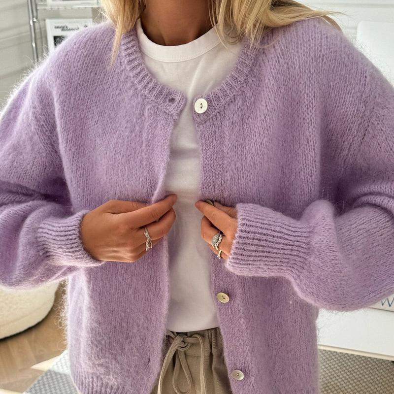 Women's Solid Color Cardigan, Fuzzy Long Sleeve Button Down Sweater, Soft Knit Tops Outerwear, Ladies Clothes for Indoor Outdoor Wear, Ladies Clothes for Daily Wear
