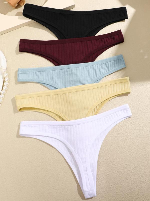 Women's Solid Color Ribbed Thong, Breathable Skin Friendly Panty for Daily Wear, Women's Underwear, Panties for Lady All Seasons, Panties for Women
