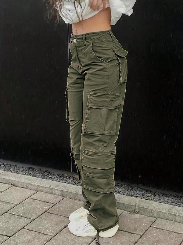Women's Plain Flap Pocket Cargo Pants, Fall Clothes, Streetwear Casual Wide Leg Trousers for Fall Daily Wear, Ladies Bottoms Clothes for Fall