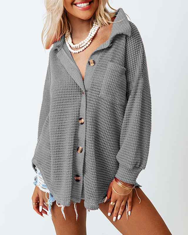 Dokotoo Womens Waffle Knit Shacket Jacket Casual Long Sleeve Button Down Shirts Dressy Blouses Tops