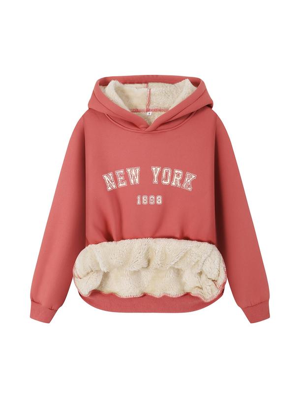 Women's Letter Print Drop Shoulder Thermal Lined Hoodie, Essential Hoodies, Fashion Casual Long Sleeve Hooded Sweatshirt for Daily Outdoor Wear, Women Fall & Winter Clothes, Downtown Girl Clothes Essentials Hoodie