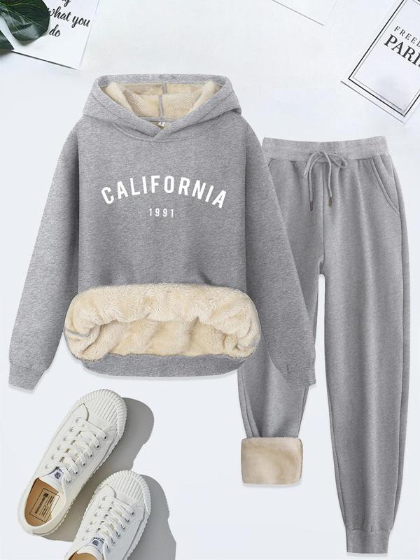 Women's Letter Print Hoodie & Drawstring Waist Pants Thermal Lined Two-piece Set, Casual Long Sleeve Sweatshirt & Pocket Trousers, Women's Fall & Winter Clothes