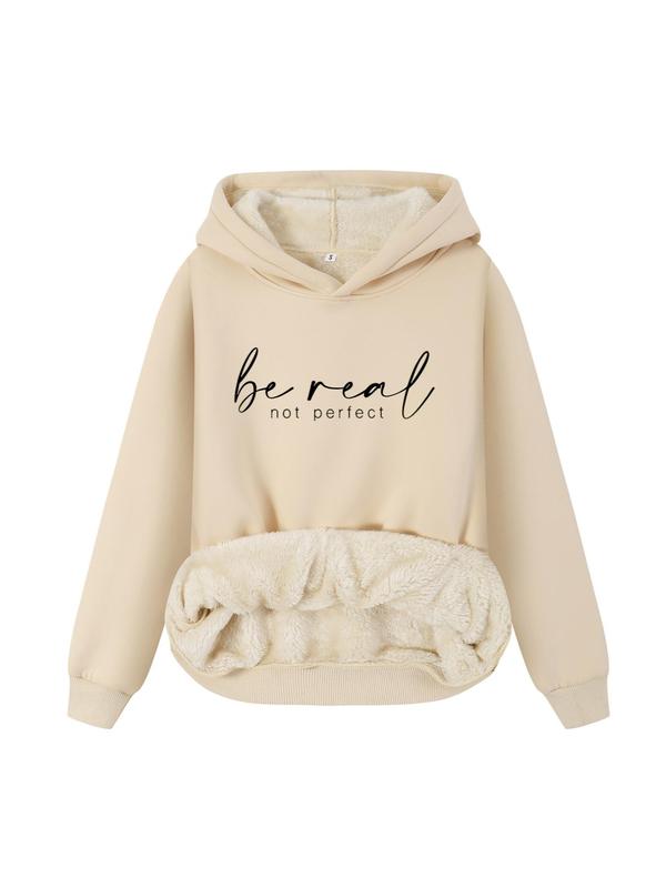 Women's Letter Print Drop Shoulder Thermal Lined Hoodie, Essential Hoodies, Fashion Casual Long Sleeve Hooded Sweatshirt for Daily Outdoor Wear, Women Fall & Winter Clothes, Downtown Girl Clothes Essentials Hoodie