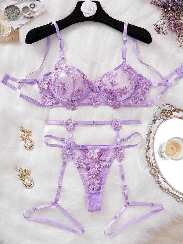 Women's 3 Counts Plain Floral Embroidery Contrast Mesh Sheer Sexy Lingerie Set, Sexy Adjustable Strap Cut Out Backless Underwire Bra & Thong & Garter Belt Set, Sexy Underwear Set for Women Women'S Clothing