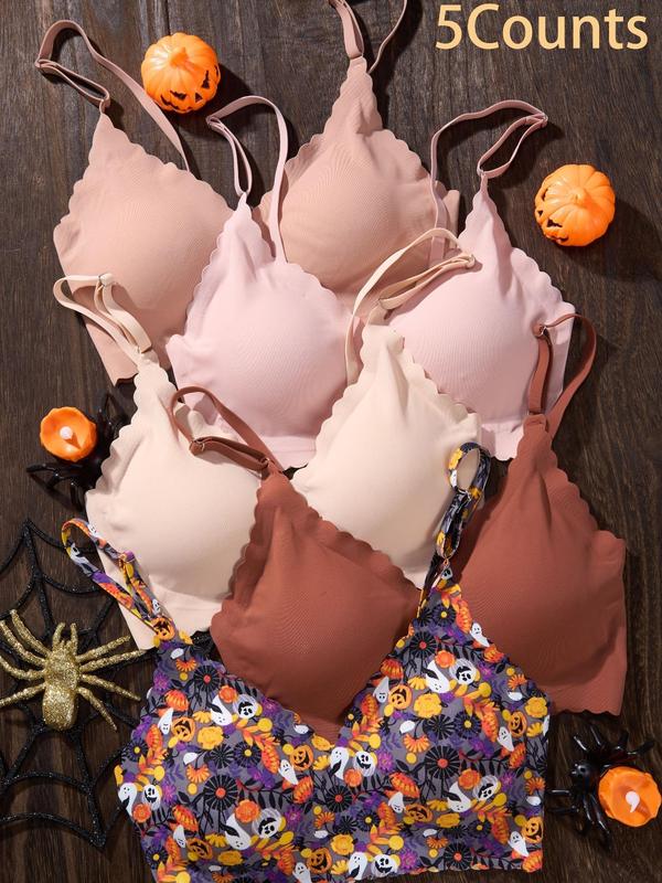 Women's Wireless Bra, Scallop Trim Removable Chest Pads Lingerie Top, Comfortable Breathable Lingerie for All Seasons