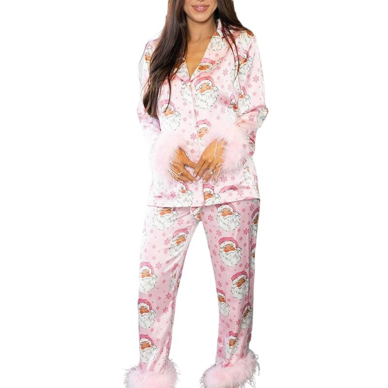 Women's Christmas 2 Pcs Pajama Set Long Sleeve Xmas Print Shirt Tops with Pants Sleepwear Loungewear Xmas Pjs