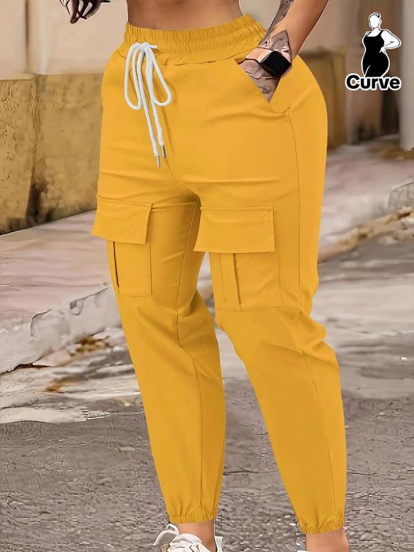  Solid Drawstring Waist Cargo Pants, Casual Pocket High Waist Jogger Pants for Daily Wear, Women's Bottoms for All Seasons