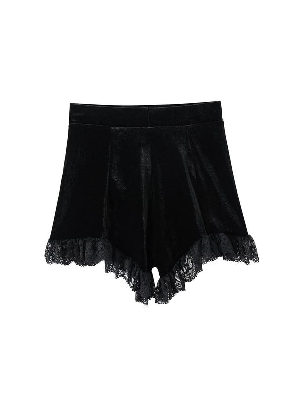 Women's Contrast Lace Ruched Velvet Shorts without Waist Belt, Goth Asymmetrical Hem High Waist Skinny Shorts for Party Holiday Vacation, Girly Clothing, Ladies Bottoms for All Seasons, Shorts for Women