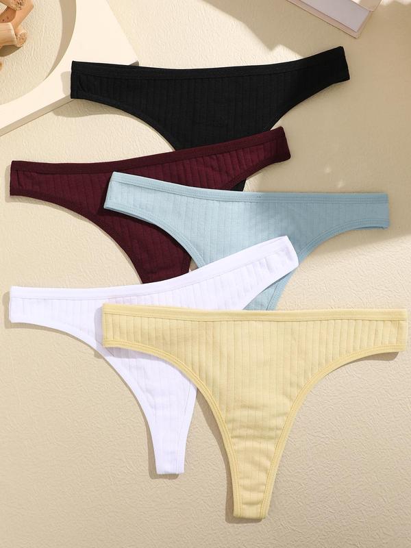 Women's Solid Color Ribbed Thong, Breathable Skin Friendly Panty for Daily Wear, Women's Underwear, Panties for Lady All Seasons, Panties for Women