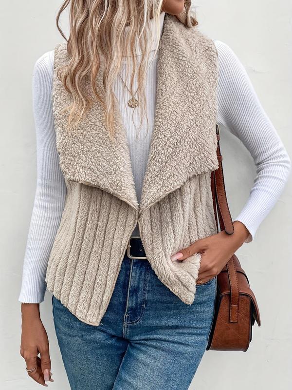 Women's Solid Color Waterfall Collar Plush Vest Coat, Casual Sleeveless Open Front Outerwear for Daily Wear, Ladies Clothes for Fall & Winter