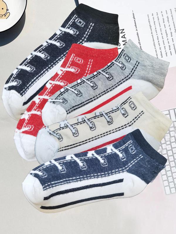 Women's 5 Pairs Colorblock Shoe Print Ankle Socks, Summer 2024 Low Cut Comfy Breathable Socks for Women Summer Wear, Women's Socks & Hosiery