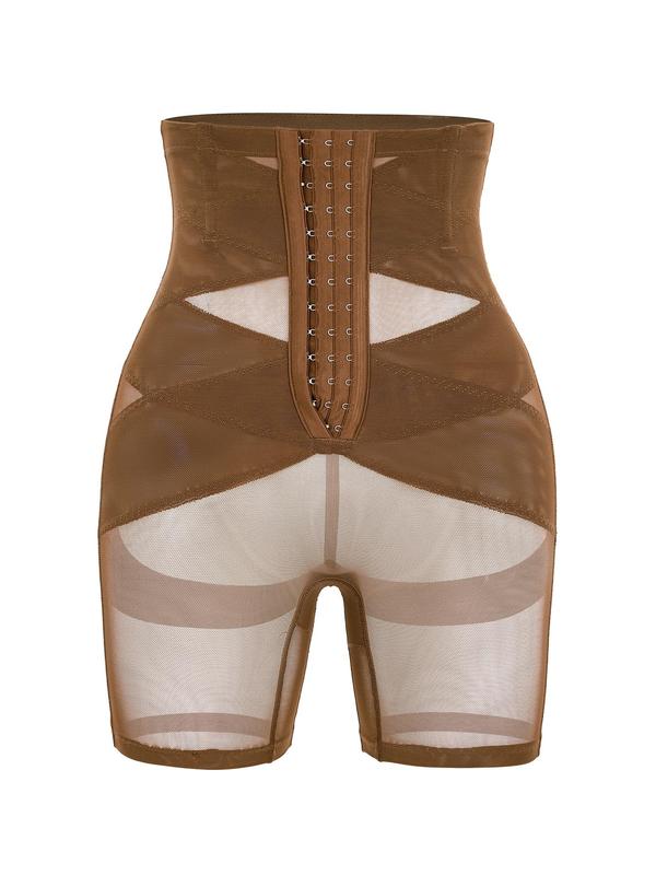 Women's Minimalist High Waist Hook & Eye Front Compression Shapewear Shorts, Sexy Casual Basic Comfort Contrast Mesh Sheer Adjustable Tummy Control Shapewear Clothing, Body Shapewear, Women's Shapewear Bottoms, Womenswear