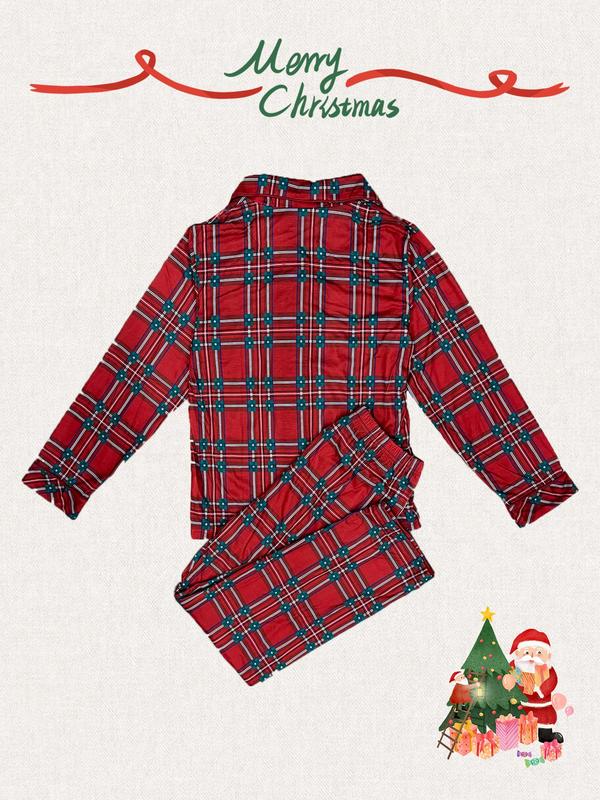 Two-Piece Set Couple's Plaid Print Button Front Pajama Set, Casual Comfy Lapel Long Sleeve Top & Elastic Waist Pants PJ Set, Couple Sleepwear for All Seasons