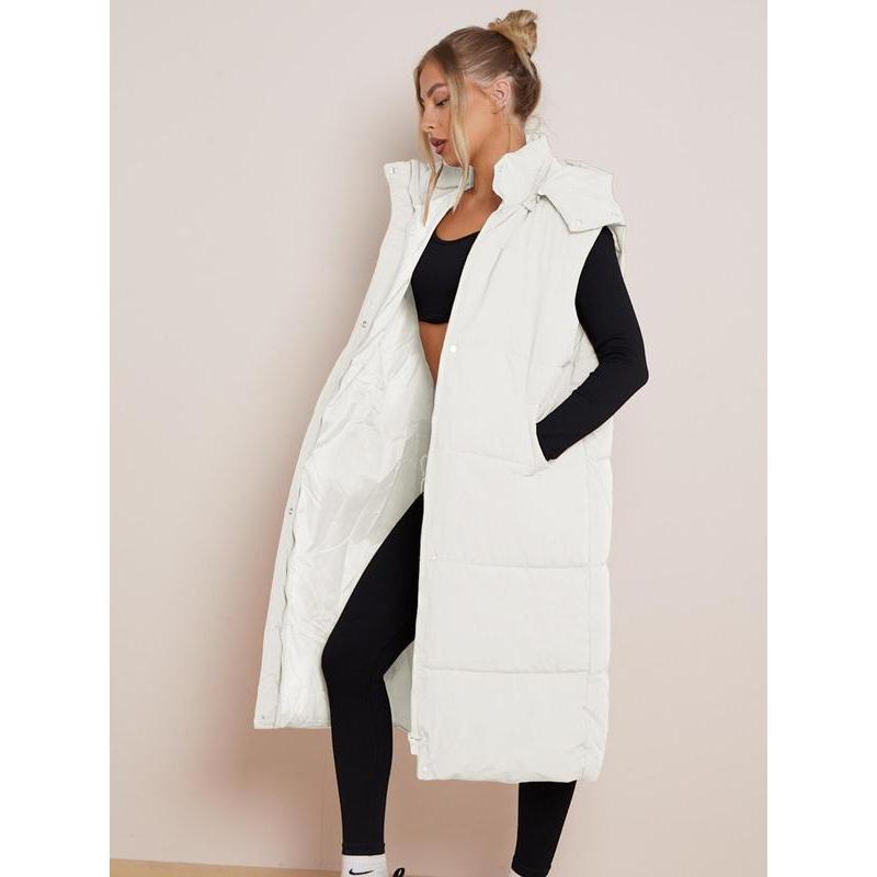 Womenswear Solid Button Front Hooded Winter Vest Coat, Comfort Pocket Design Longline Waistcoat for Fall & Winter, Minimalist Clothing for Daily Wear, Going Out Outfits