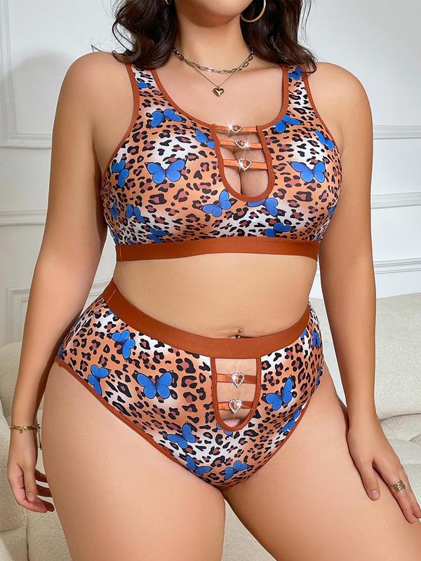  Women's Two-piece Set Leopard & Butterfly Print Rhinestone Decor Wireless Bra & High Waist Panty Set, Casual Contrast Binding Cut Out Bra & High Rise Knicker, Women's Underwear Set for All Seasons