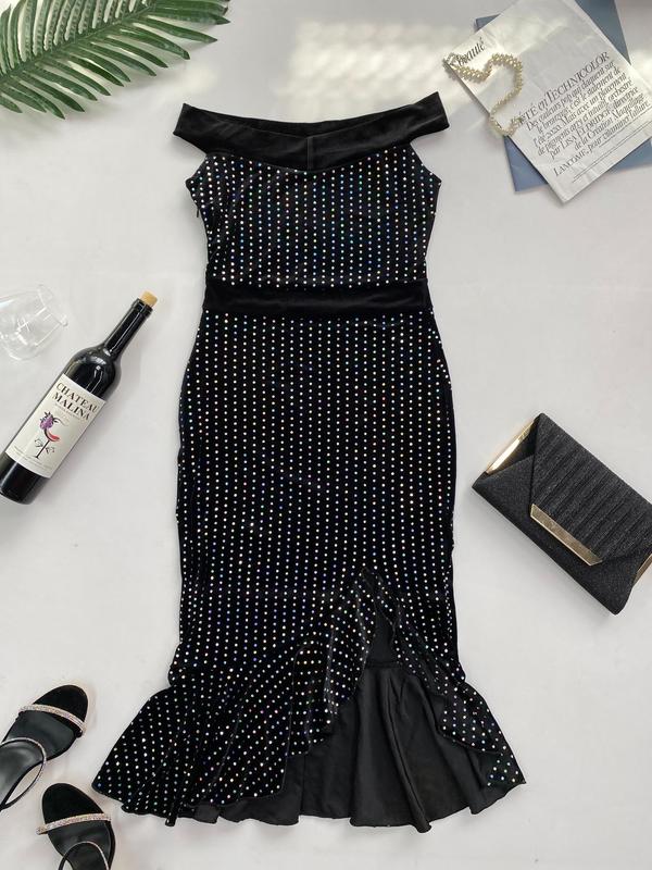 Women's Rhinestone Decor Off Shoulder Ruffle Bodycon Dress, Elegant Cap Sleeve Midi Dress for Evening Party Gown, Ladies' Clothes for Spring & Fall