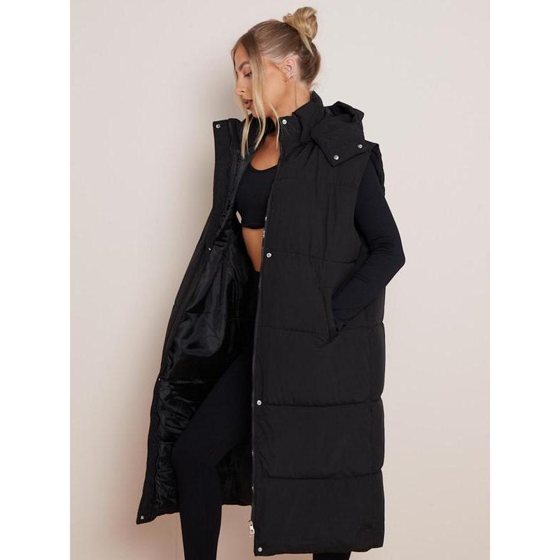 Womenswear Solid Button Front Hooded Winter Vest Coat, Comfort Pocket Design Longline Waistcoat for Fall & Winter, Minimalist Clothing for Daily Wear, Going Out Outfits